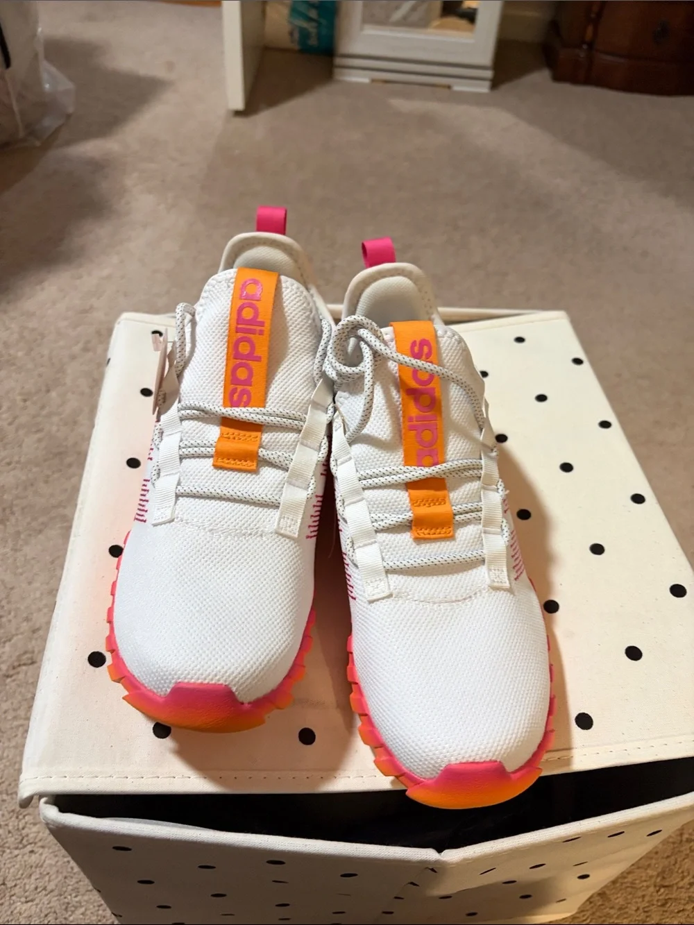 adidas womens/youthWhite Pink Orange Gradient Sole Sneakers.